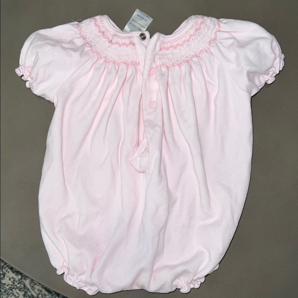 Pink Baby Bubble Romper with Smocked Detail and Embroidered Flowers - Picture 4 of 5